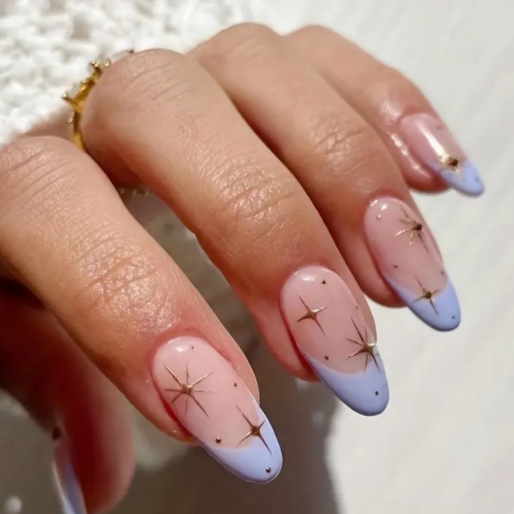 24 pcs Almond French Acrylic Press On Nail Set Reusable Blue French 💙✨